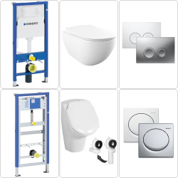 FREE Wand WC spülrandlos mit SoftClose WC-Sitz, Urinal & GEBERIT BASIC Vorwandgestelle + Betätigungsplatten, verschiedene Farben