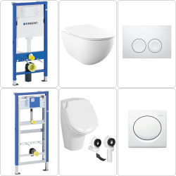 FREE Wand WC spülrandlos mit SoftClose WC-Sitz, Urinal & GEBERIT BASIC Vorwandgestelle + Betätigungsplatten, weiß