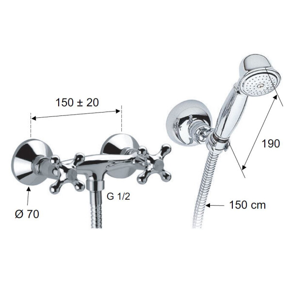 DANIEL Retro Zweigriff (Kreuzgriff) Brausebatterie mit Handbrause und Brauseschlauch, chrom