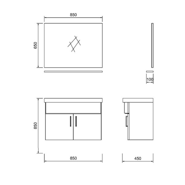 Yakamoz Waschtischunterschrank + Waschbecken 85cm, 2-türig, ebenholz