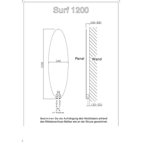 SURF Design Heizkörper senkrecht 1200 x 340 mm pulverbeschichtet in weiß