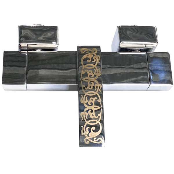 TWIN Zweigriff-Badewannenarmatur Handbrause, Brauseschlauch Brausehalter,mit goldenem Dekor, chrom