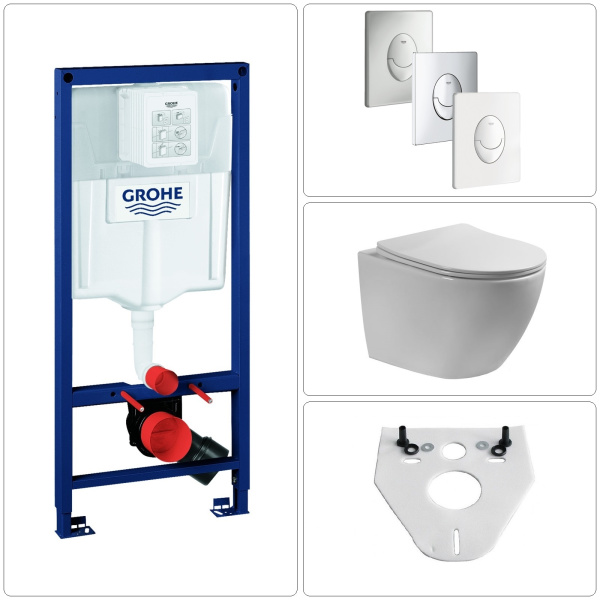 AquaNovo Wand WC spülrandlos mit SoftClose WC-Sitz & Grohe Vorwandgestell + Betätigungsplatte, verschiedene Farben