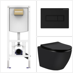 AquaNovo Wand WC spülrandlos mit SoftClose WC-Sitz & CONEL Vorwandgestell + VIGOUR Betätigungsplatte, schwarz matt