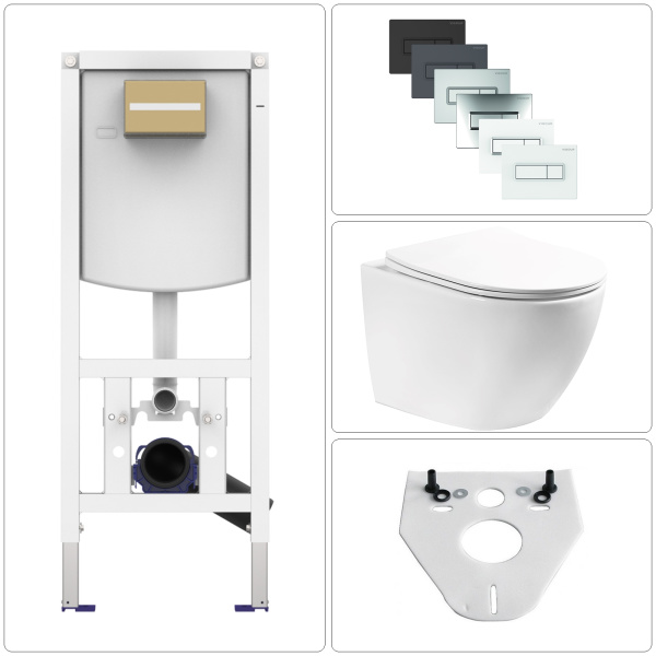 AquaNovo Wand WC spülrandlos mit SoftClose WC-Sitz & CONEL Vorwandgestell + VIGOUR TEES Betätigungsplatte, verschiedene Farben