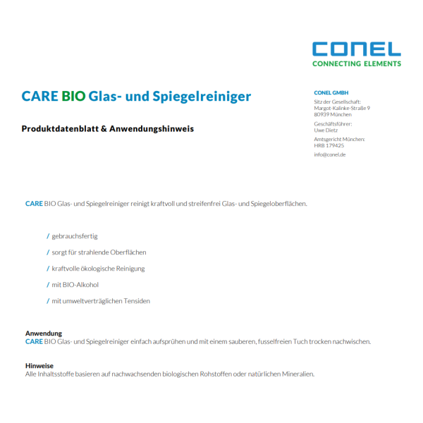 CONEL CARE Bio Glas- und Spiegelreiniger mit Bio-Alkohol 500ml Handsprayflasche