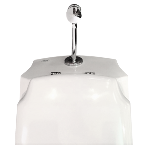 BB Urinal Zulauf von oben mit Deckel, Druckspüler, Ablaufsiphon & Hygiene Glasur, weiß