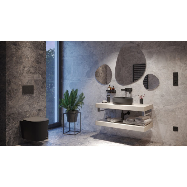 SAT LOFTY Bad Accessoires Set aus Keramik schwarz mit Badezimmermatte 80 x 50 cm dunkelgrau
