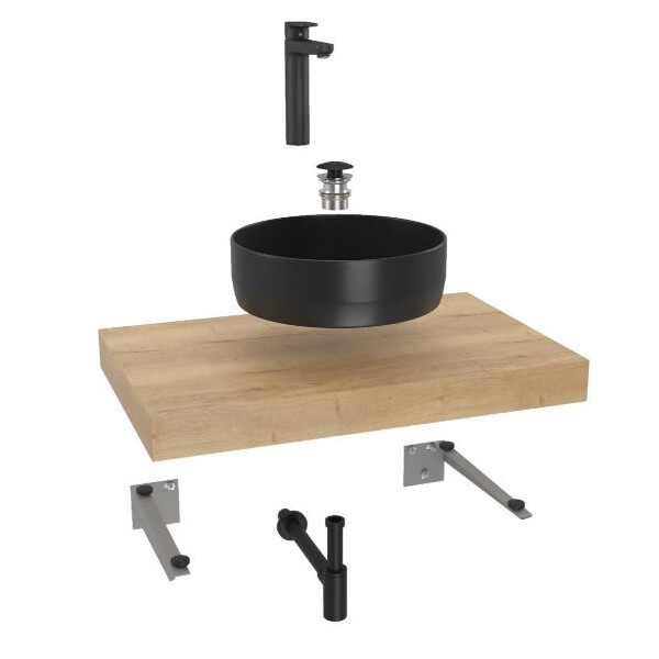 Hansgrohe Badezimmer-Set mit rundem Aufsatzwaschbecken, Waschtischarmatur und Halifax Eiche Natur Waschtischplatte