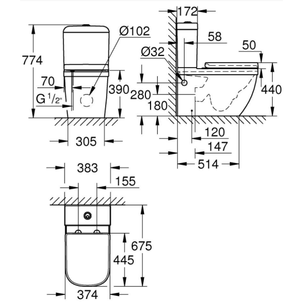 GROHE EURO-Keramik Stand-Kombi-WC Wirbelspülung Wasseranschluss unten mit SoftClose WC-Sitz, weiß