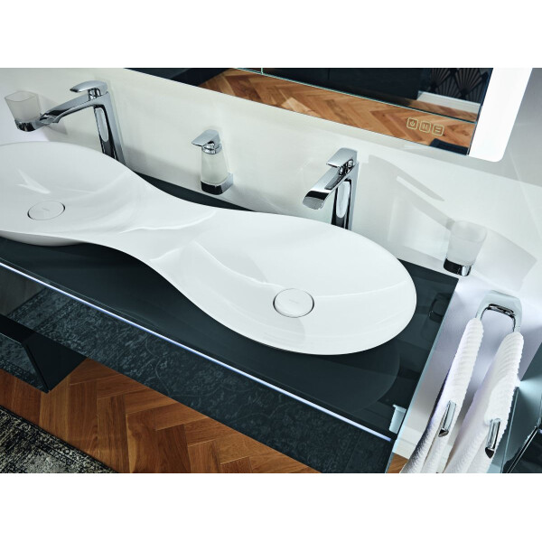 VIGOUR Vogue Doppel-Aufsatzschale 130cm mit Ablaufabdeckung Mineralguss mit Protect Plus Beschichtung, weiß