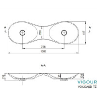 VIGOUR Vogue Doppel-Aufsatzschale 130cm mit Ablaufabdeckung Mineralguss mit Protect Plus Beschichtung, weiß