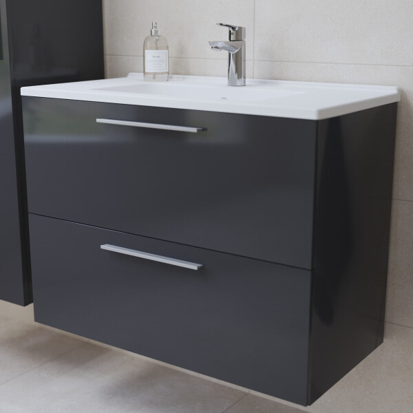 Badezimmerset VitrA Mia Waschtisch 80cm mit Unterschrank Anthrazit und LED-Wandspiegel