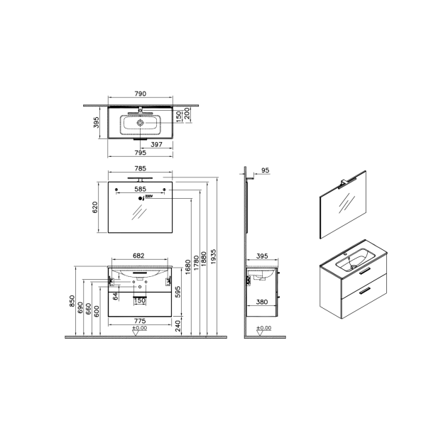 Badezimmerset VitrA Mia Waschtisch 80cm mit Unterschrank Anthrazit und LED-Wandspiegel