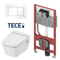 TECE One Set Wand-Dusch-WC mit Warm- und Kaltwasser, WC-Sitz mit Absenkautomatik, Vorwandelement und Drückerplatte, weiß