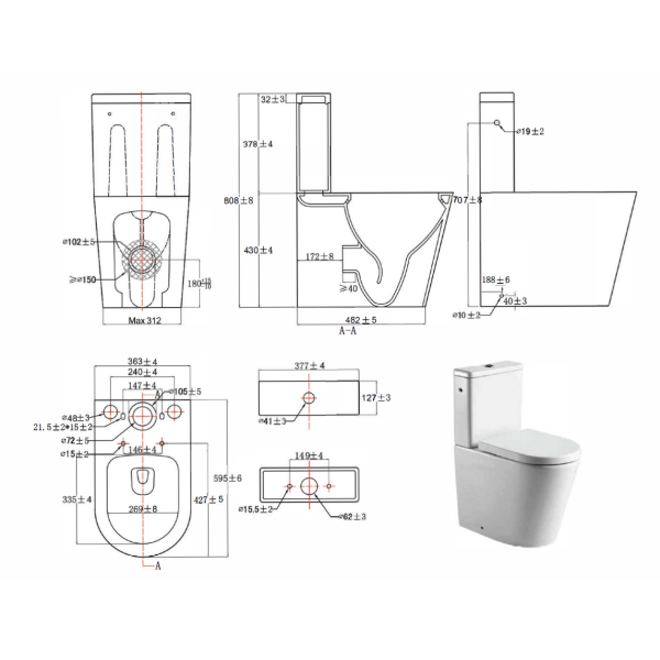 SAT FINE Stand-Kombi-WC-Set Abgang senkrecht spülrandlos Wasseranschluss links/rechts mit SoftClose WC-Sitz, weiß