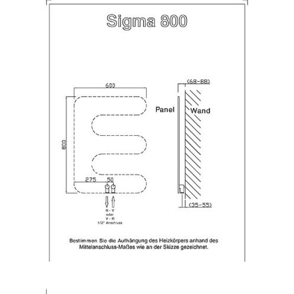 SIGMA Design Heizkörper 800 mm x 600 mm dreiarmig flach pulverbeschichtet in weiß
