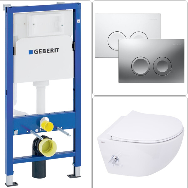 SAT Aquacare Wand-Dusch-WC spülrandlos mit SoftClose WC-Sitz, Schallschutz & GEBERIT BASIC Vorwandelement + DELTA25 Betätigungsplatte, verschiedene Farben
