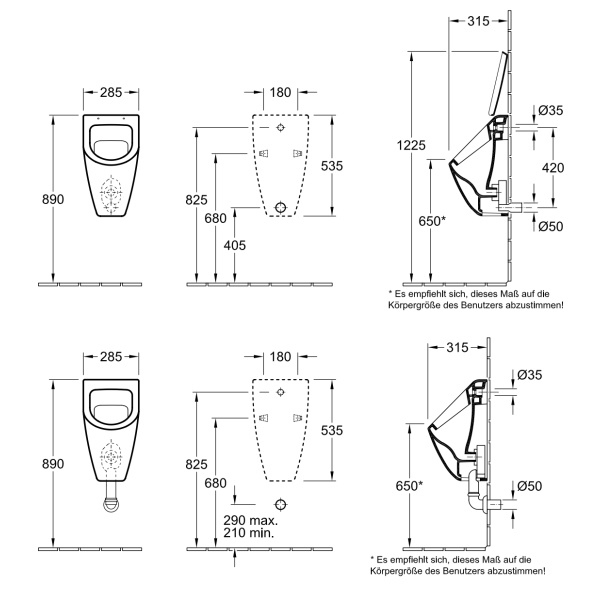 VILLEROY & BOCH Subway Urinal mit SoftClose Deckel & GROHE Wandeinbauspüler mit Betätigungsplatte