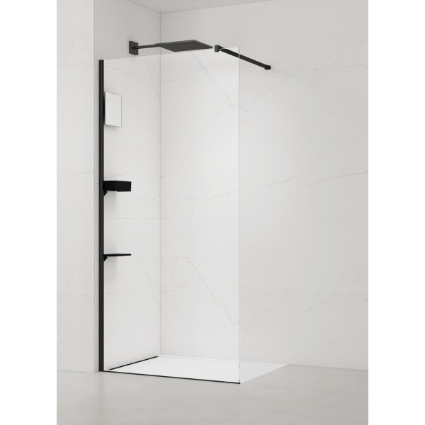 SAT Duschabtrennung Walk-In Dusche 100 cm mit Ablage und Spiegel, Schwarz