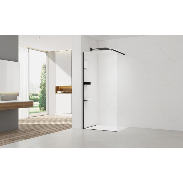 SAT Duschabtrennung Walk-In Dusche 100 cm mit Ablage und Spiegel, Schwarz