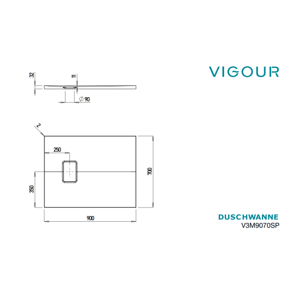 VIGOUR V3 flache Duschwanne Mineralguss mit Ablaufabdeckung und SafeStepPlus Beschichtung weiß matt, verschiedene Größen