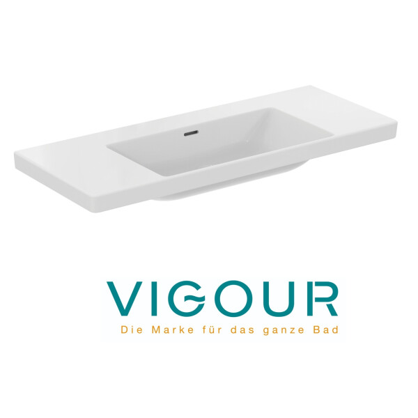 VIGOUR DERBY V3 Möbelwaschtisch 120x48cm mit seitlichen Ablagen ohne Hahnloch mit Überlauf PflegetectPlus, weiß