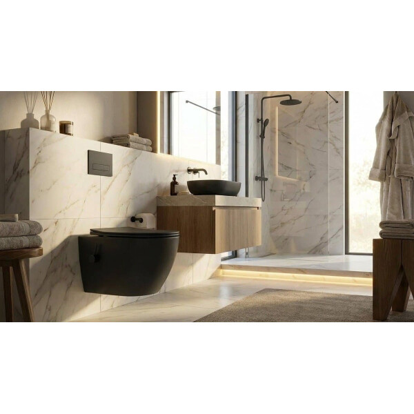 SAT Fusion Wand-WC mit Bidet und Wirbelspülung WC-Sitz mit Absenkautomatik inklusive Montageset, schwarz matt