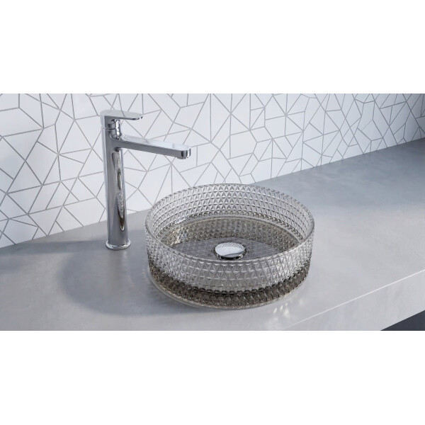 SAT PURITY Aufsatzwaschbecken Ø 36 cm aus Rauchglas, Reliefstruktur
