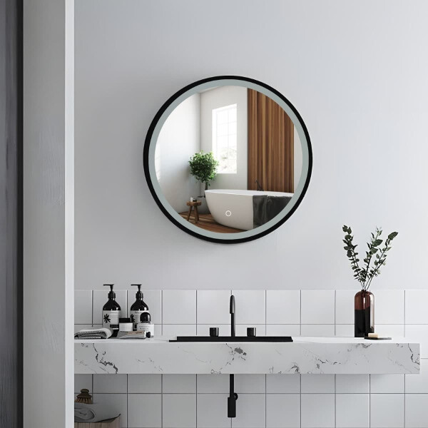 SAT Spiegelschrank mit LED-Beleuchtung und Sensor IP44 Ø60 cm Metall, schwarz matt
