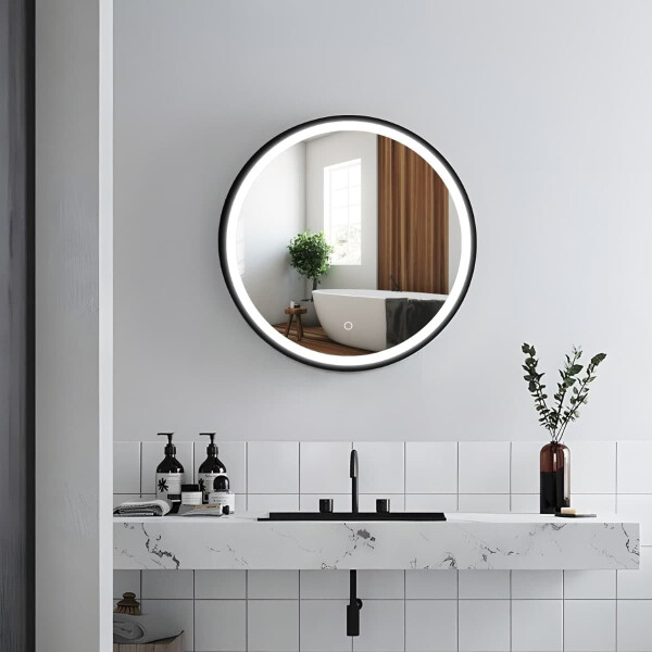 SAT Spiegelschrank mit LED-Beleuchtung und Sensor IP44 Ø60 cm Metall, schwarz matt