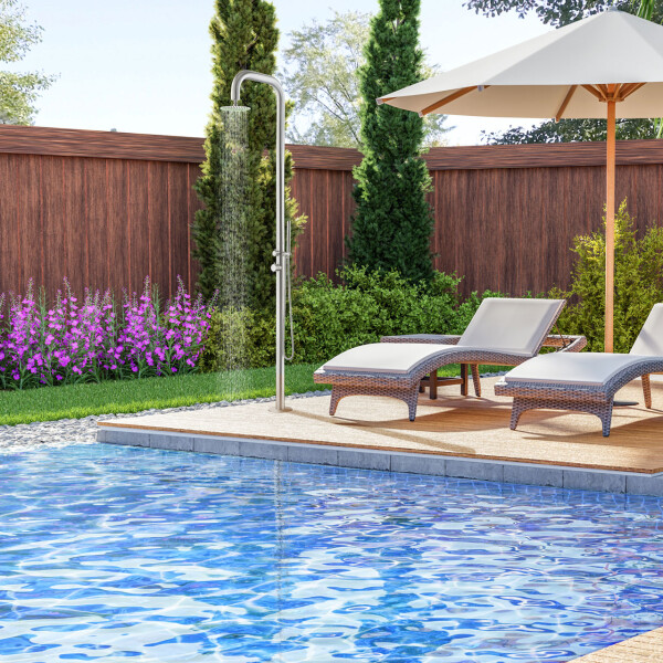 Euroshowers Extended Außendusche Edelstahl 316 Kalt-/Warmwasser mit Kopf- und Handbrause 230 cm, Edelstahl