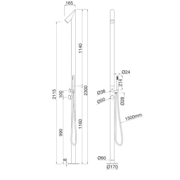 Euroshowers Pure Classic Außendusche Edelstahl 316 Kalt-/Warmwasser mit Kopf- und Handbrause 230 cm, Edelstahl