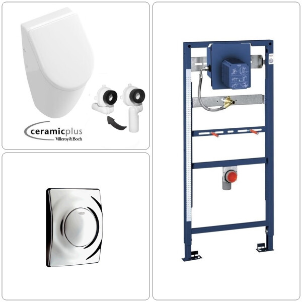 VILLEROY & BOCH SUBWAY Urinal mit CeramicPlus Beschichtung + SoftClose Deckel & GROHE Vorwandgestell + Betätigungsplatte, in verschiedenen Ausführungen