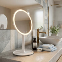 SAT Kosmetikspiegel rund 5-fache Vergrößerung LED 3 Lichtfarben USBC mit Ablageschale, weiß