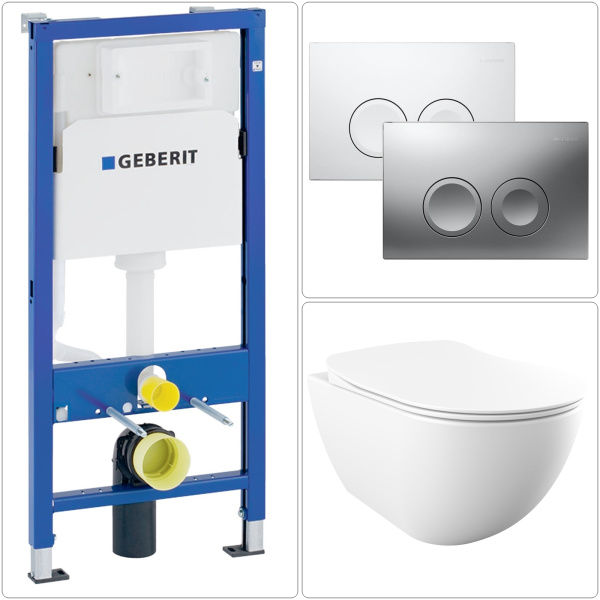 FREE Wand WC spülrandlos mit SoftClose WC-Sitz & GEBERIT BASIC Vorwandelement + DELTA25 Betätigungsplatte, verschiedene Farben