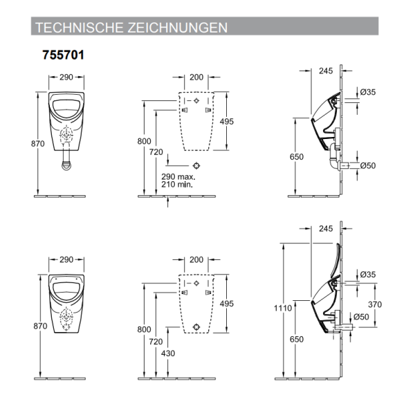 Villeroy & Boch O.Novo Urinal mit CeramicPlus Beschichtung und Geberit Zubehör in chrom