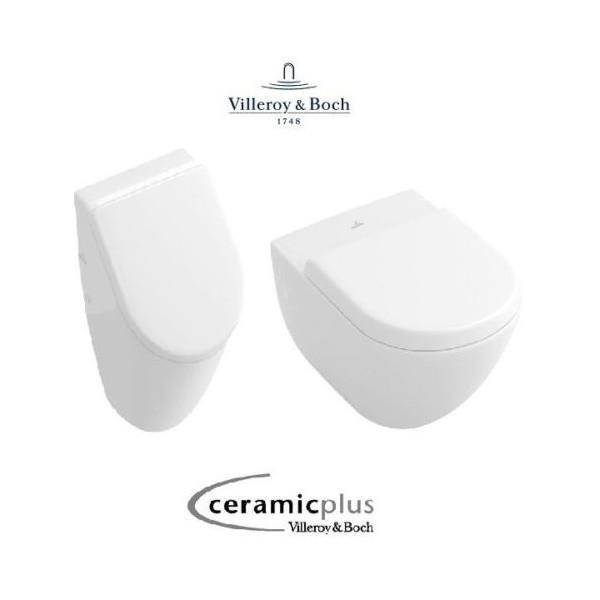 Villeroy & Boch Subway Urinal mit Wand WC 2.0 spülrandlos CeramicPlus & QuickRelease SoftClose WC-Sitz, weiß alpin