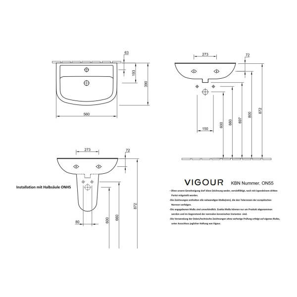 VIGOUR ONE Waschtisch 55x39cm, weiß