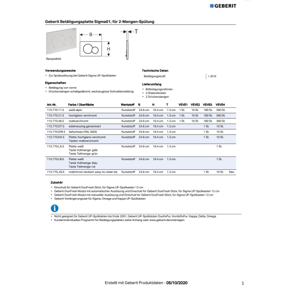 GEBERIT SIGMA01 WC-Betätigungsplatte 2-Mengenspülung UP320/UP300