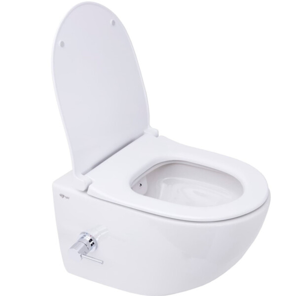 SAT Aquacare Wand-Dusch-WC Flush 2.0 mit Bidetfunktion und VitrA integrierter Thermostatarmatur und SoftClose TakeOff WC-Sitz, weiß
