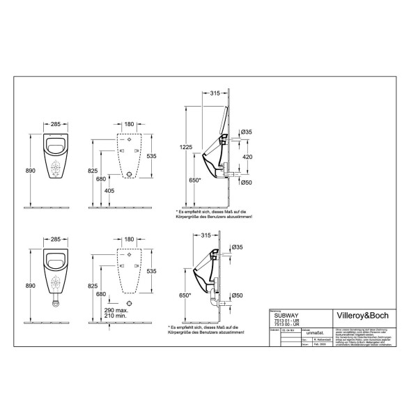 BB FREE Wand WC spülrandlos mit VILLEROY & BOCH SUBWAY URINAL Ceramic Plus & TECE Zubehör