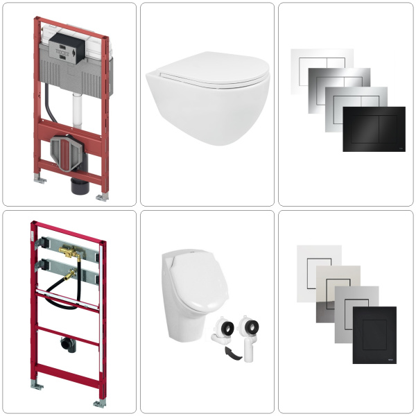 BB INFINITY Wand WC spülrandlos mit SoftClose WC-Sitz, Urinal & TECE Vorwandgestell + Betätigungsplatte, verschiedene Farben