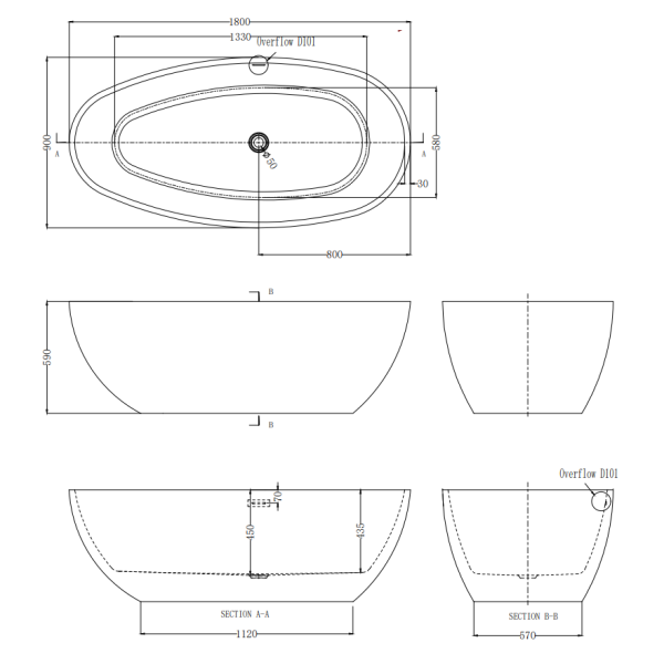BB Freistehende Oval-Badewanne in Ei-Form aus Acryl 180 cm x 90 cm x 59 h, weiß glanz